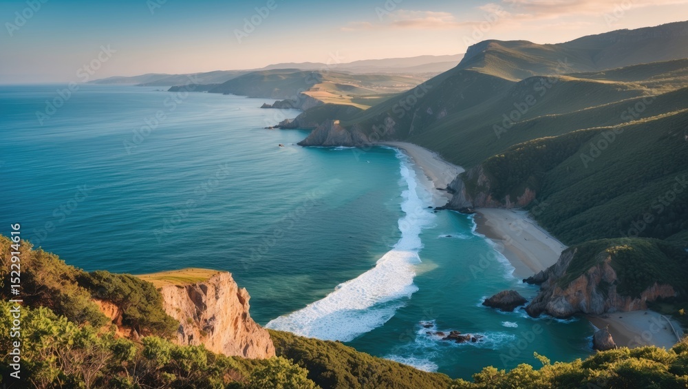Fototapeta premium Stunning coastal landscape view with cliffs, waves, and lush hills.