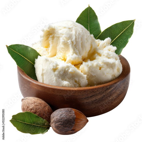 Shea butter in wooden bowl with nuts and leaves isolated on transparent background