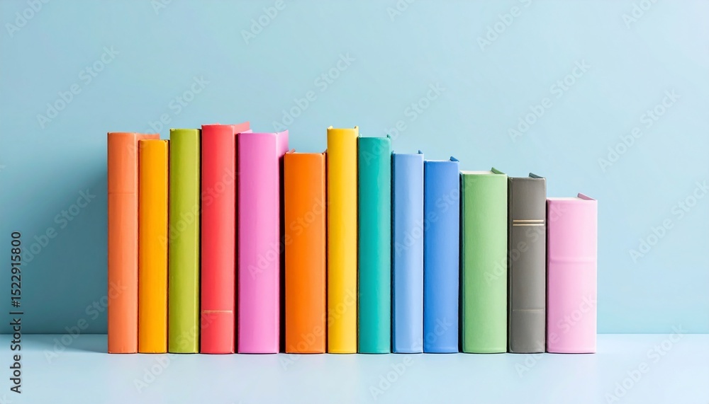 Naklejka premium A Colorful Collection of Books Arranged on a Shelf Against a Light Blue Background