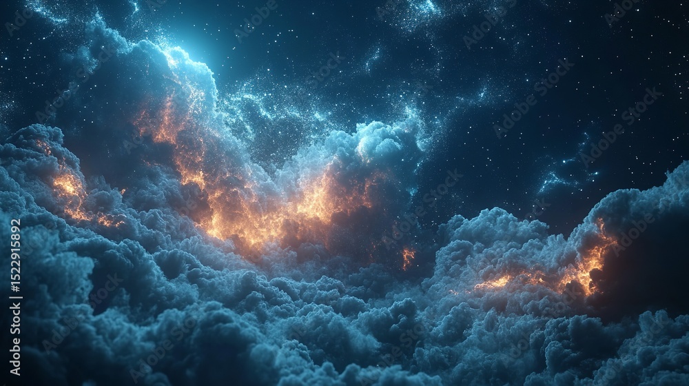 Fototapeta premium Celestial tapestry A dance of starlight and ethereal clouds kissed with fiery whispers on a dark sky