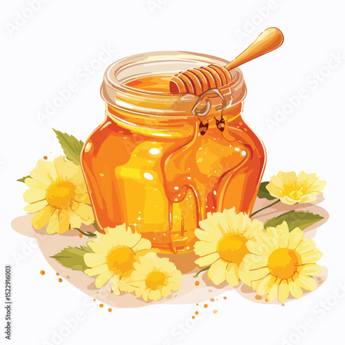 Delicious Summer Dessert in Yellow Jar with Fresh Honey - Isolated Vector Illustration