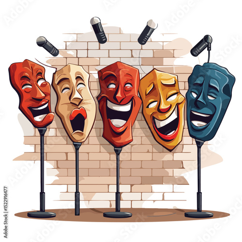 Theatrical Masks and Microphone on Brick Wall Stand-Up Comedy Illustration