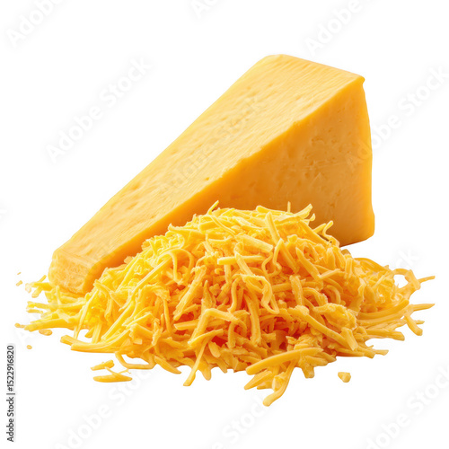Wedge and shredded cheddar cheese, close up view isolated on transparent background
