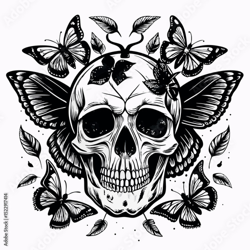 Detailed Skull Surrounded by Butterflies and Leaves Black and White Illustration Art