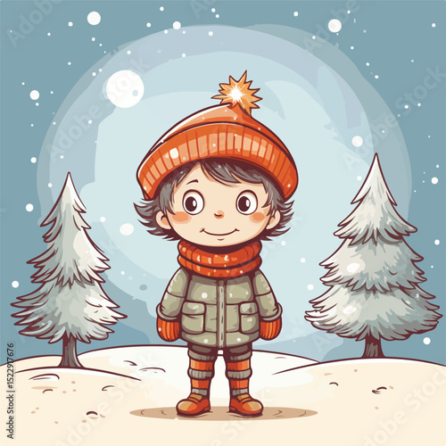Festive Christmas Cartoon Vector Illustration of a Happy Boy Celebrating Holidays