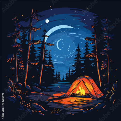 Serene Camping Adventure Scene with Tent and Bonfire in Forest at Night