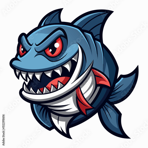 Fierce Blue Cartoon Shark Mascot with Red Fins and Sharp Teeth Image