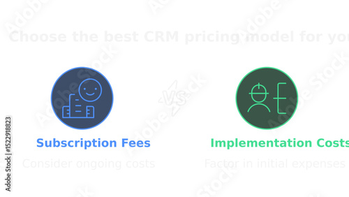 Business Icons of Subscription Fees and Implementation Costs: A digitally crafted, clean composition that visually represents two critical components of a CRM pricing model.