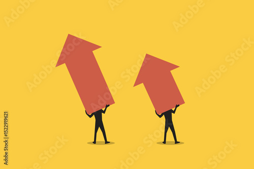 Businessman lifting up arrow. concept of growth, growing to success, winning or rising employee, skill to victory or development to achieve success, trend, performance or motivation