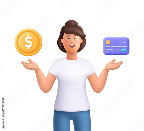 Young smiling woman Jane holding credit debit card and gold coin with dollar sign. Finance, business, payment and investment  concept.  3d vector people character. Cartoon minimal style.