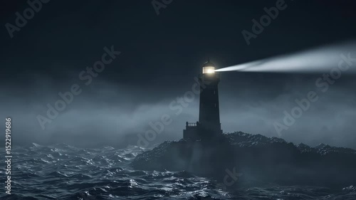 Lighthouse shining its beam on stormy dark ocean at night
