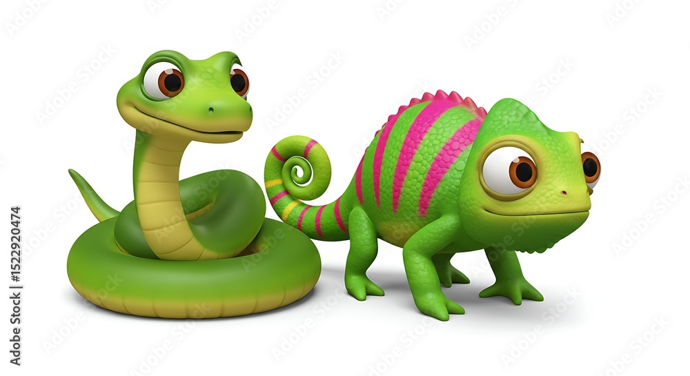 Fototapeta premium 3D cartoon snake and chameleon characters