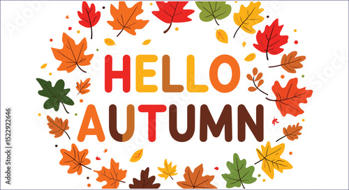 Colorful Hello Autumn Text With Fall Leaves Illustration