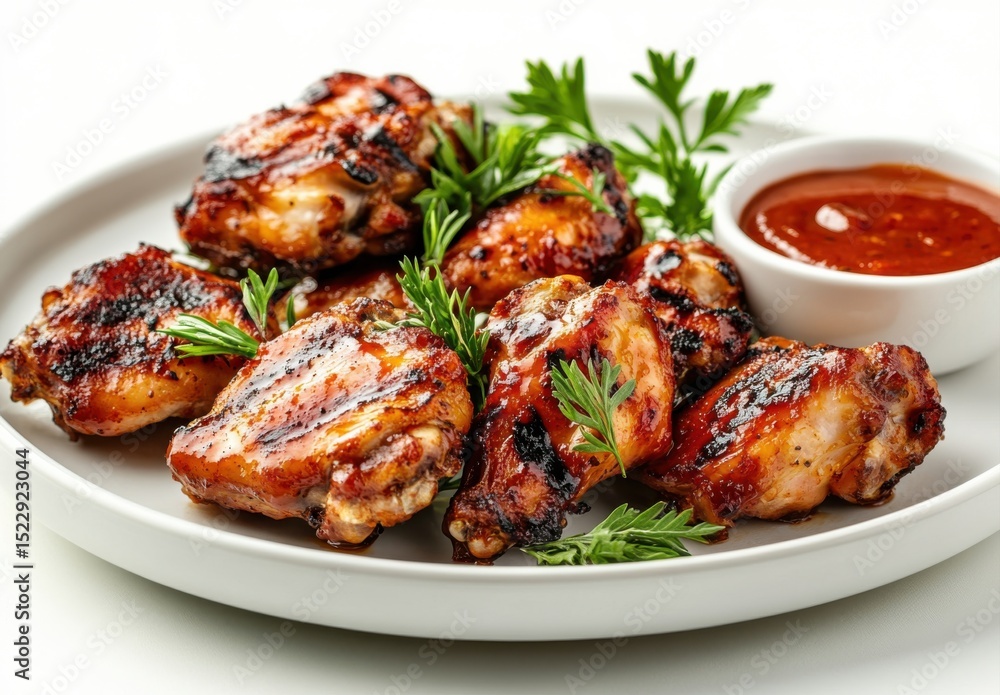 Plate of golden crispy wings with sweet BBQ glaze Plate of golden crispy wings with sweet BBQ glaze