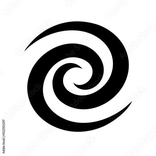 Black vector spiral galaxy icon with swirling arms representing vast star systems in deep space and astronomical universe structure