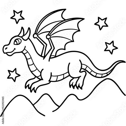 Fantasy dragon illustration, adventurous mood, featuring a dragon flying over mountains and stars in a simple line art style