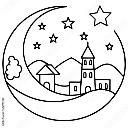 Night landscape illustration, serene mood, featuring a crescent moon, stars, and a castle in a simple line art style