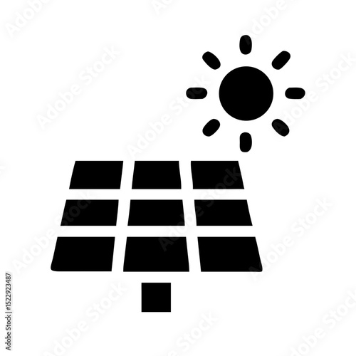Black vector solar panel icon with sun rays representing renewable energy resource powering systems in sustainable environmental designs