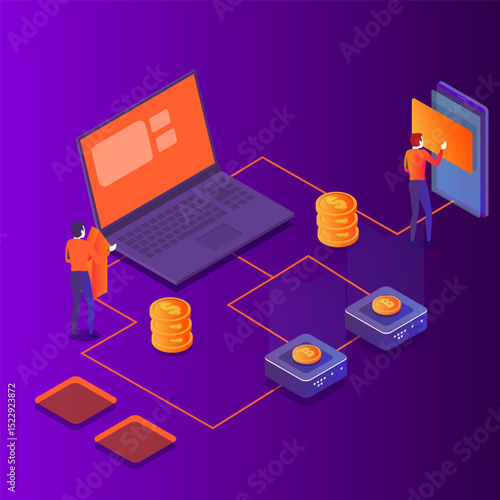 Cryptocurrency payment system with laptop and users