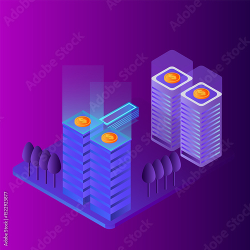 Isometric illustration of cryptocurrency and blockchain technology for financial platform