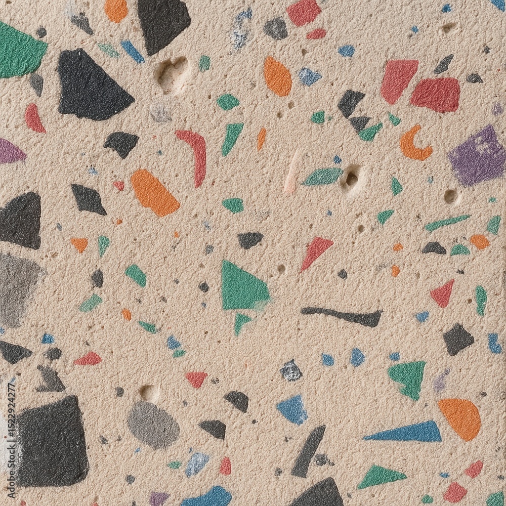 A detailed macro shot of a colorful terrazzo surface composed of multicolored recycled chips embedded in a light beige cement base. A detailed macro shot of a colorful terrazzo surface composed of multicolored recycled chips embedded in a light beige cement base.