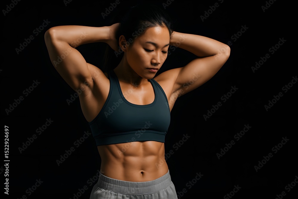 Fototapeta premium Strong Fit Woman with Sculpted Abs and Muscular Arms Posing in Sportswear on Dark Background