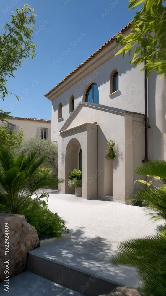 Exterior view of a Mediterranean style villa with archway entrance, tiled roof, tan stucco, stone steps, and green landscaping under a bright clear blue sky Exterior view of a Mediterranean style villa with archway entrance, tiled roof, tan stucco, stone steps, and green landscaping under a bright clear blue sky