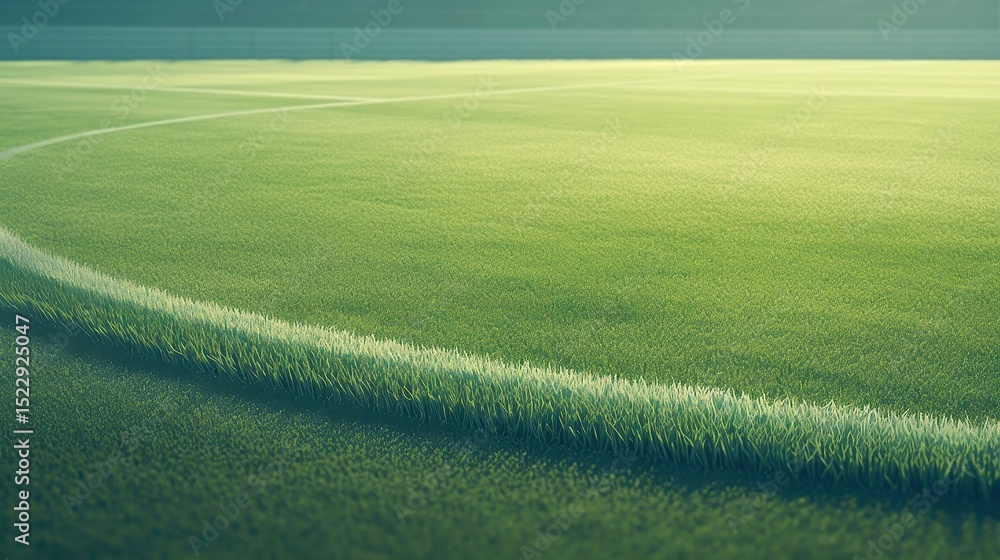 Obraz premium Synthetic Turf Fibers in Empty Stadium, close-up view of vibrant synthetic grass strands with blurred goalposts in the background, evoking a sense of desolation and potential.