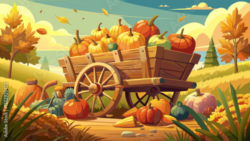 An old wooden cart filled with pumpkins, apples, and wheat. Close-up colors burst in sunlight. Autumn’s glory, rural effort, tradition, food, and countryside charm celebrate harvest time.

Keywords: c