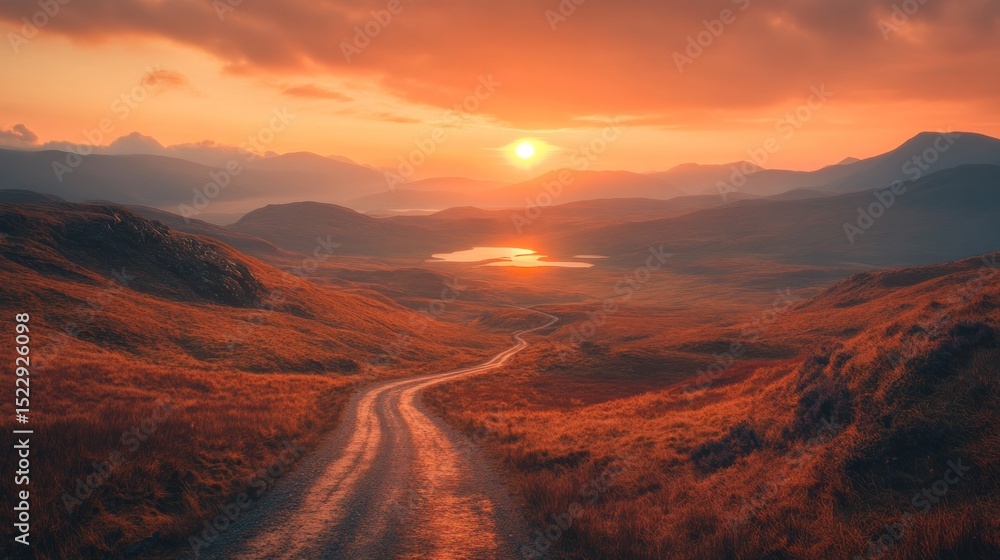 Fototapeta premium A winding road through autumnal highlands at sunset
