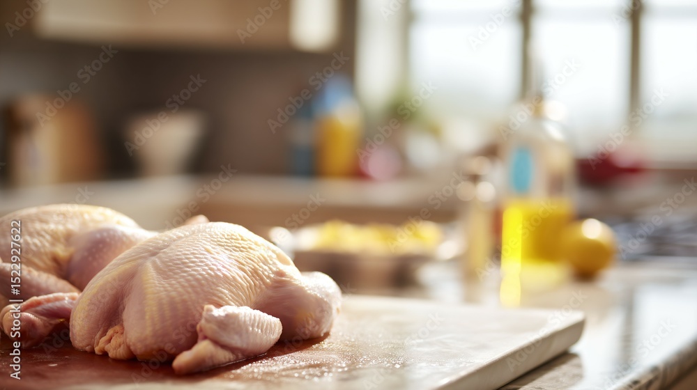 Salmonella contamination:Raw chicken on wooden cutting board with fresh herbs and kitchen tools, food preparation and cooking safety concept for culinary and restaurant industry. Salmonella contamination:Raw chicken on wooden cutting board with fresh herbs and kitchen tools, food preparation and cooking safety concept for culinary and restaurant industry.