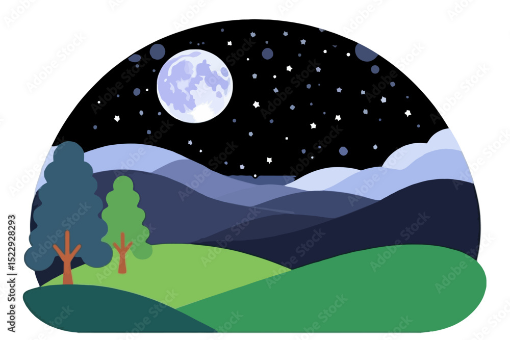 Obraz premium Cartoon Night Landscape with Full Moon and Stars-Green Hills and Trees-Illustration of a Peaceful Night Scene in Nature