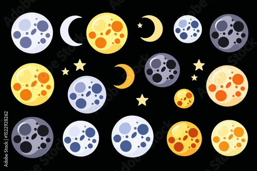 Cartoon Moon Phases and Stars - Colorful Lunar Cycle Illustration - Night Sky with Crescent and Full Moons in Various Stages - Astronomy Themed Vector Graphic
