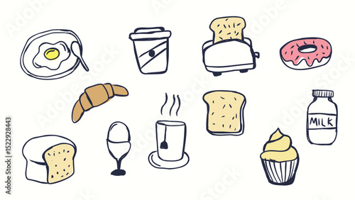 Hand-Drawn Breakfast Foods and Drinks Doodle Illustration