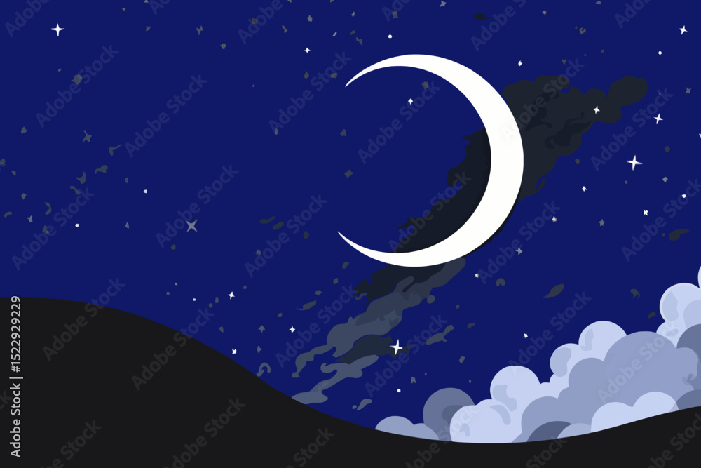 Naklejka premium Crescent Moon Night Sky Illustration - Dark Blue Background with Stars and Clouds - Peaceful Nighttime Scene - Celestial Landscape Digital Art