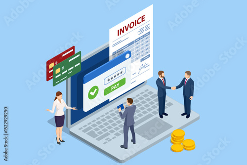 Isometric online invoice payment. A laptop shows a bill and a PAY button with a checkmark. Credit cards and stacked coins are also visible, symbolising financial transactions. Secure online billing