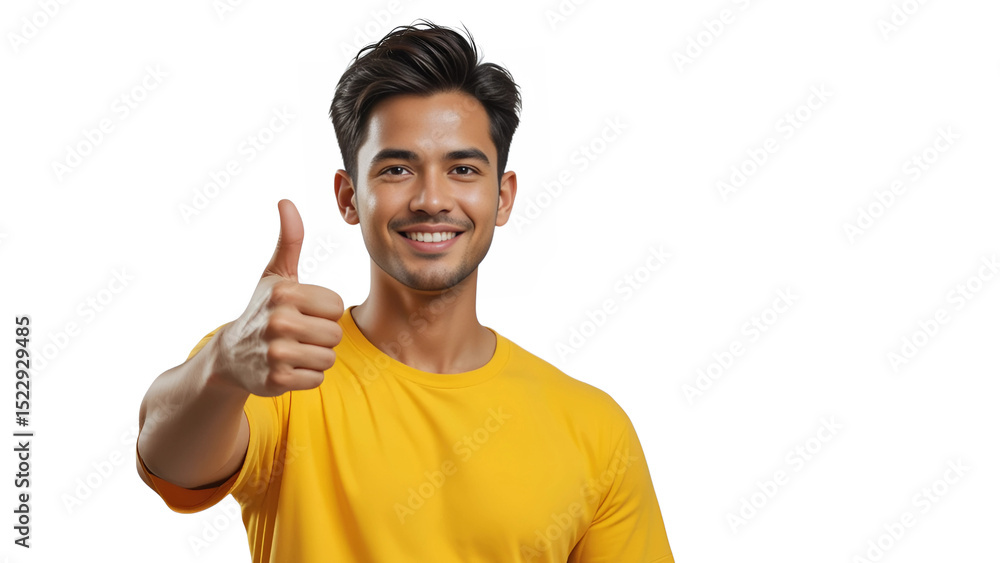 A smiling man in a yellow shirt giving a thumbs up on a white background in a studio setting A smiling man in a yellow shirt giving a thumbs up on a white background in a studio setting