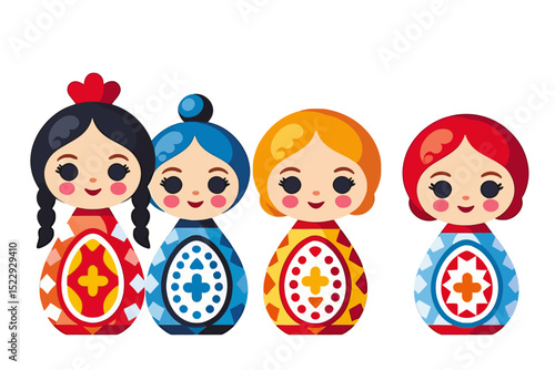 Cute Colorful Matryoshka Dolls Illustration-Traditional Russian Nesting Dolls-Whimsical Cartoon Character Design-Perfect for Children's Art Projects-Folk Art Inspired-Download Now