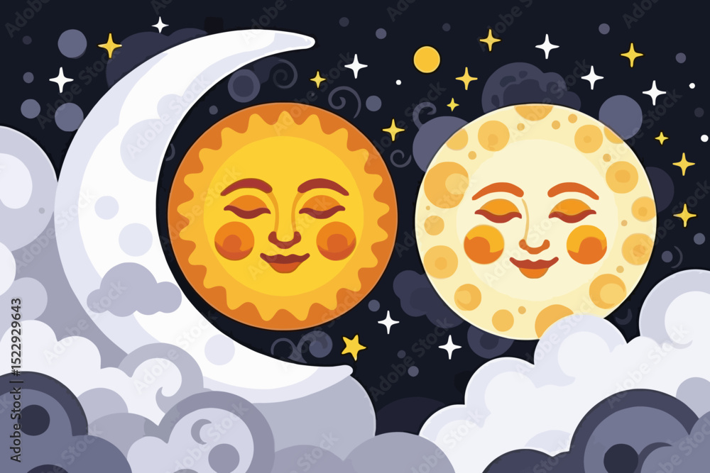Fototapeta premium Cute Sun and Moon Illustration - Cartoon Celestial Bodies with Faces - Stars and Clouds Background - Whimsical Night Sky Art