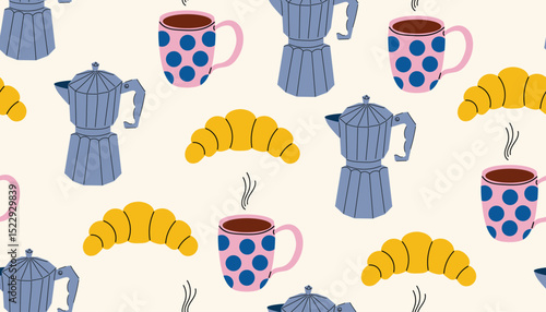 Seamless pattern with moka pots, croissants, and steaming coffee mugs in flat cartoon style.