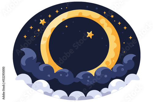 Dreamy Night Sky Illustration - Crescent Moon & Stars Graphic - Whimsical Celestial Art for Kids - Cloudscape Nighttime Scene - Magical Vector Design