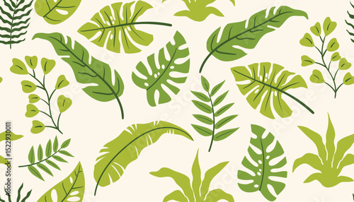 Colorful tropical leaf pattern featuring palm and monstera in a playful flat cartoon look.