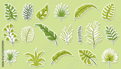 Sticker set with tropical palm and monstera leaves, branches, and floral elements in flat cartoon style.