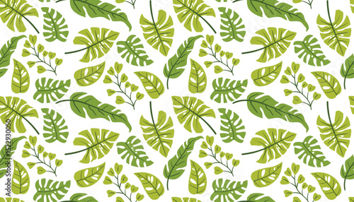 Bright seamless design with palm and monstera leaves scattered in fun arrangement.