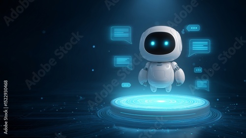 A cute robot character representing artificial intelligence in a digital world. This image evokes futuristic themes with technology elements and communication bubble icons around.