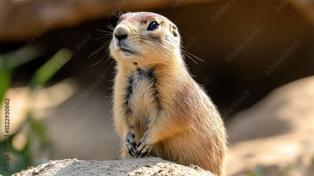 Fototapeta premium A small brown prairie dog looking up at the bright sky