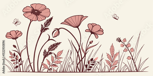 Elegant pink poppy and wildflower meadow