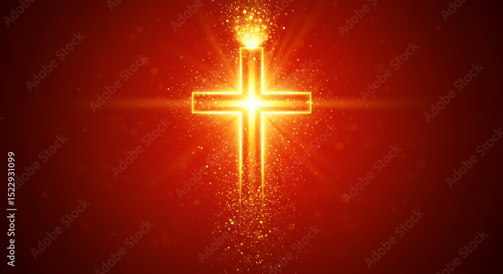Obraz premium Pentecost Celebration. Cross in Red background with light. glowing light on red background with Cross
