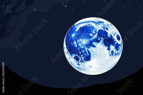 Full Moon at Night-Bright Blue Moon Shining in the Dark Sky-Moon Phases and Lunar Beauty-Nightscape with Stars-Celestial Wonder and Moonlit Landscape