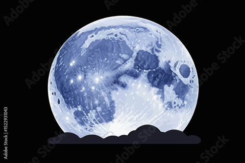 Full Moon Image with Detailed Surface Features- Night Sky Celestial Body- Blue Moon Photography with Clouds Silhouette on Black Background